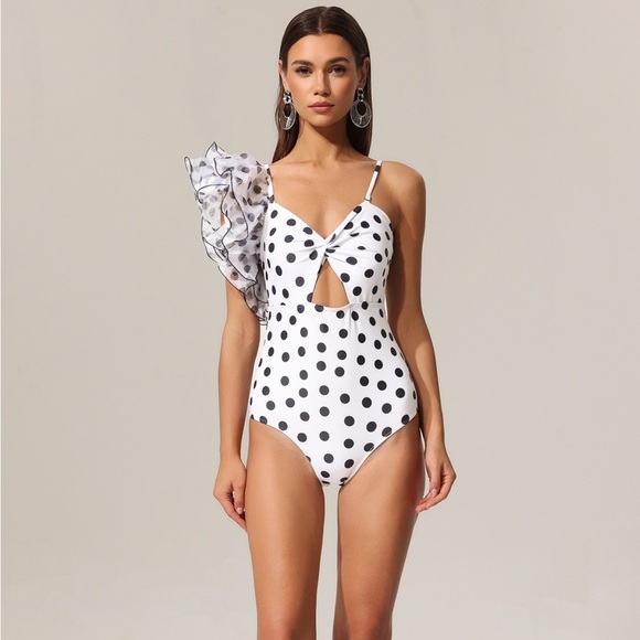 Other - NWT One Shoulder Ruffle Polka Dot One Piece Swimsuit